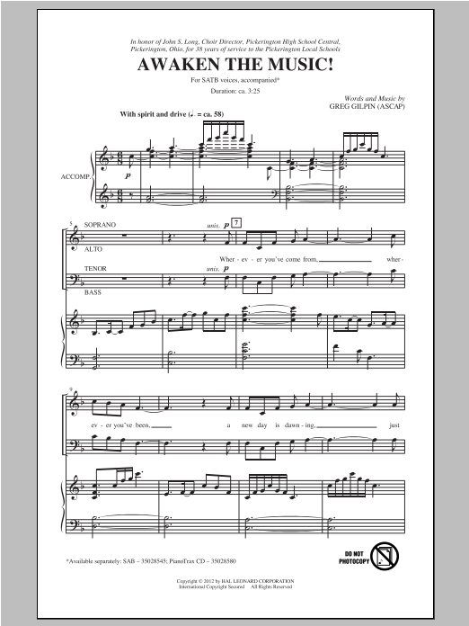 Download Greg Gilpin Awaken The Music Sheet Music and learn how to play SAB PDF digital score in minutes
