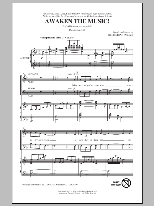 Download Greg Gilpin Awaken The Music Sheet Music and learn how to play SATB PDF digital score in minutes