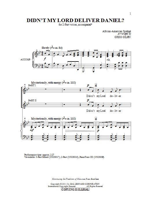 Download Greg Gilpin Didn't My Lord Deliver Daniel? Sheet Music and learn how to play TB Choir PDF digital score in minutes