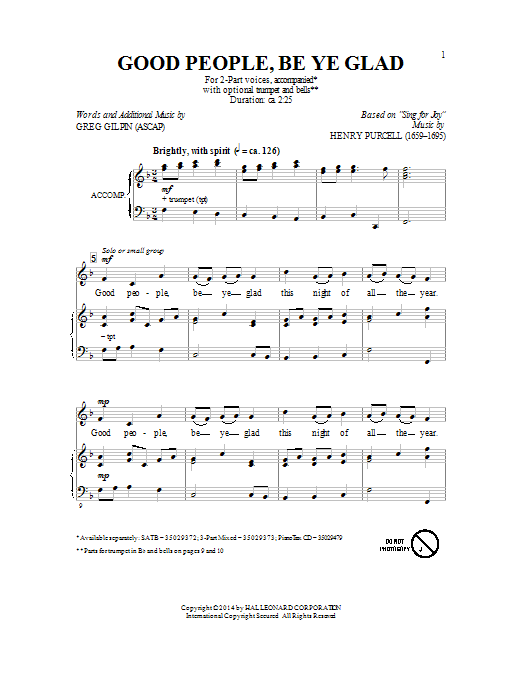 Download Greg Gilpin Good People, Be Ye Glad Sheet Music and learn how to play 2-Part Choir PDF digital score in minutes
