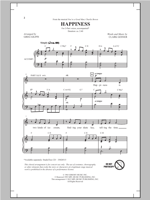 Download Greg Gilpin Happiness Sheet Music and learn how to play 2-Part Choir PDF digital score in minutes