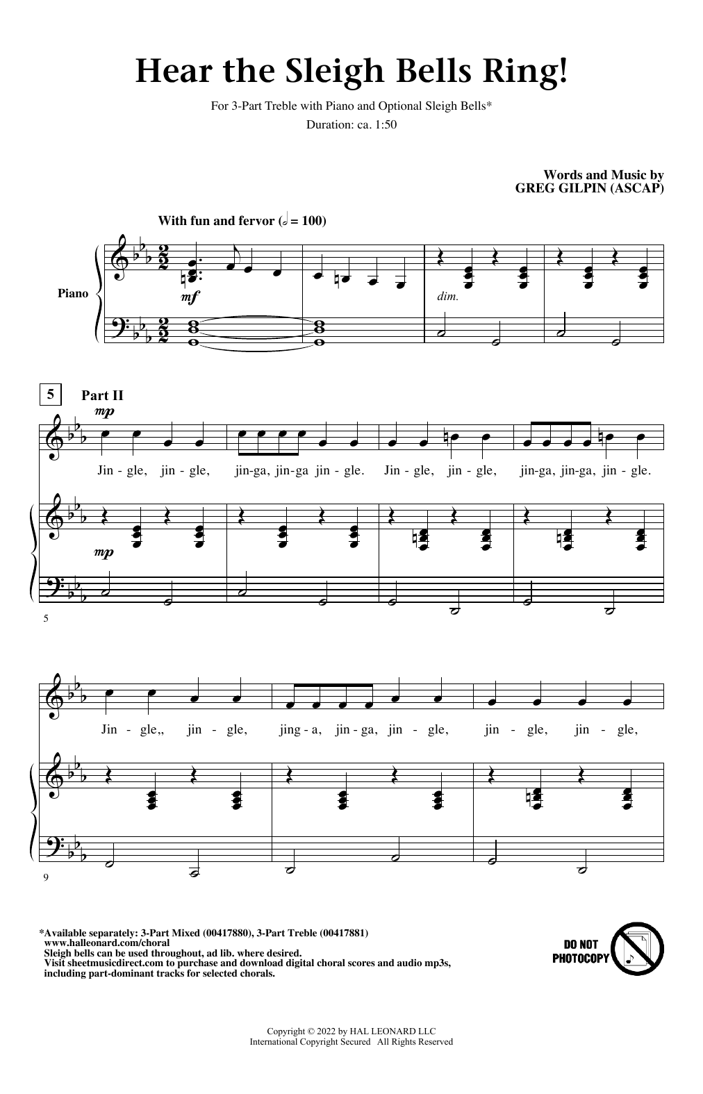 Download Greg Gilpin Hear the Sleigh Bells Ring! Sheet Music and learn how to play 3-Part Mixed Choir PDF digital score in minutes
