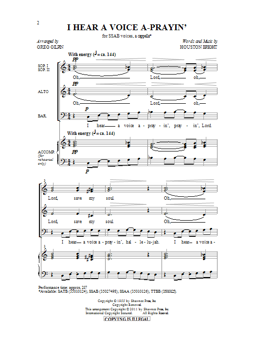 Download Houston Bright I Hear A Voice A-Prayin' (arr. Greg Gilpin) Sheet Music and learn how to play SATB PDF digital score in minutes