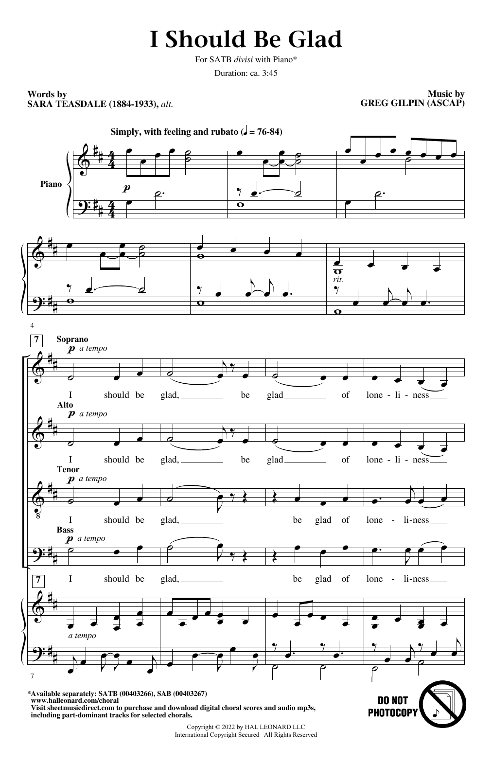 Download Greg Gilpin I Should Be Glad Sheet Music and learn how to play SATB Choir PDF digital score in minutes