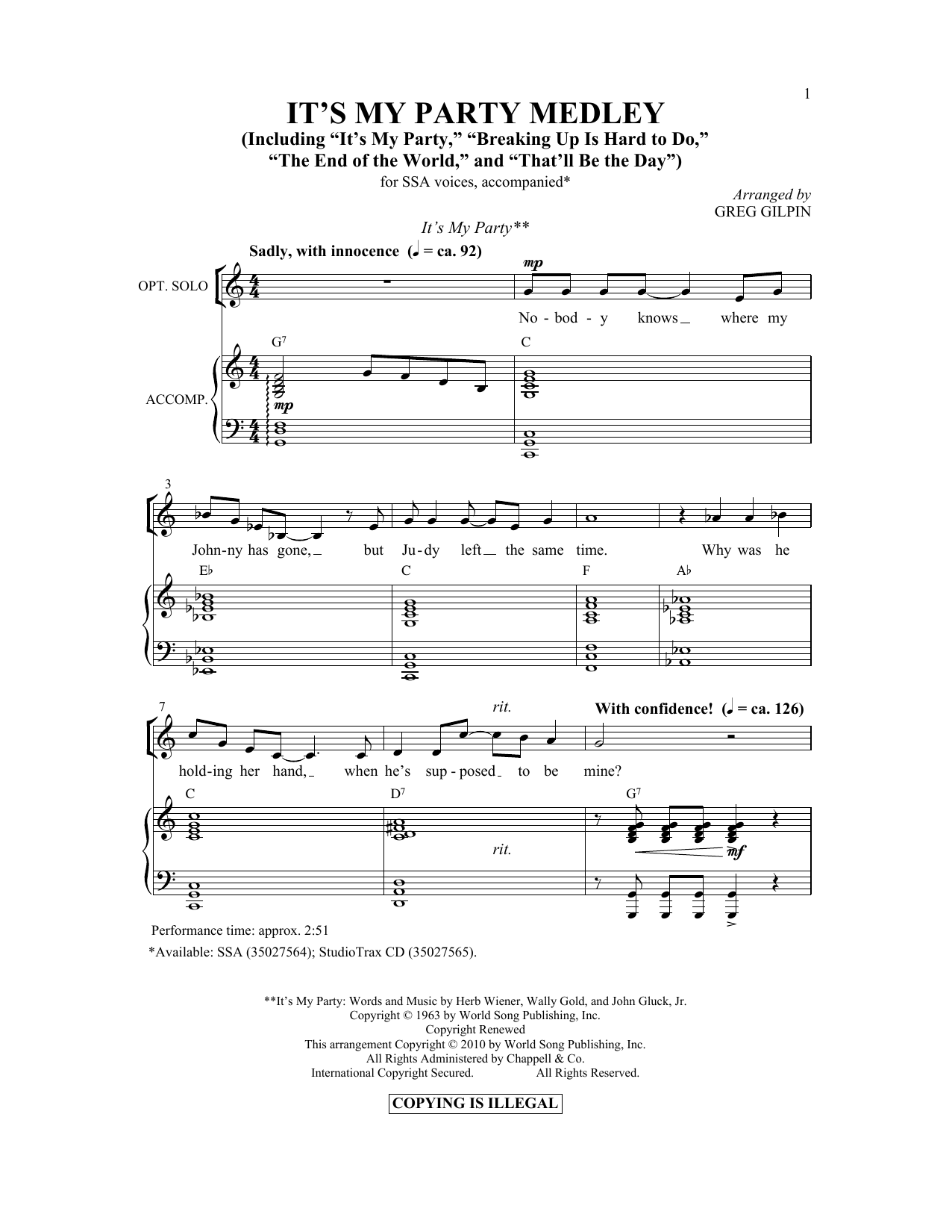 Download Greg Gilpin It's My Party Medley Sheet Music and learn how to play SSA PDF digital score in minutes