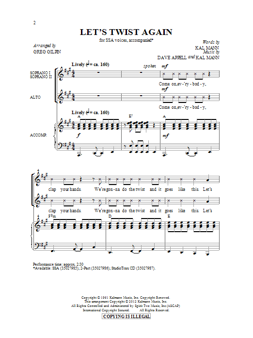 Download Chubby Checker Let's Twist Again (arr. Greg Gilpin) Sheet Music and learn how to play SSA PDF digital score in minutes