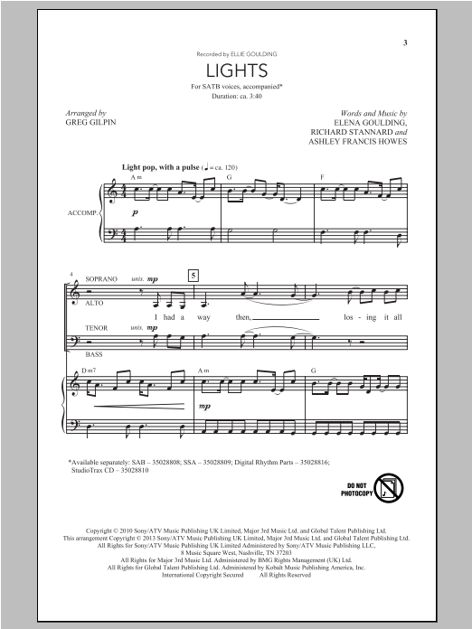 Download Greg Gilpin Lights Sheet Music and learn how to play SATB PDF digital score in minutes