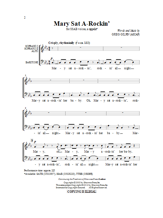 Download Greg Gilpin Mary Sat A-Rockin' Sheet Music and learn how to play 2-Part Choir PDF digital score in minutes