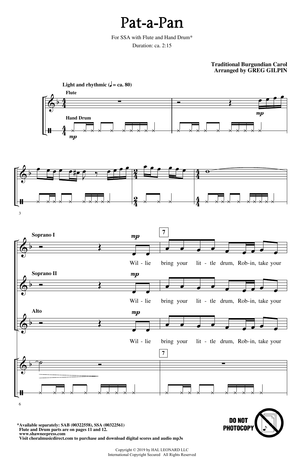 Download Greg Gilpin Pat-A-Pan (arr. Greg Gilpin) Sheet Music and learn how to play SSA Choir PDF digital score in minutes