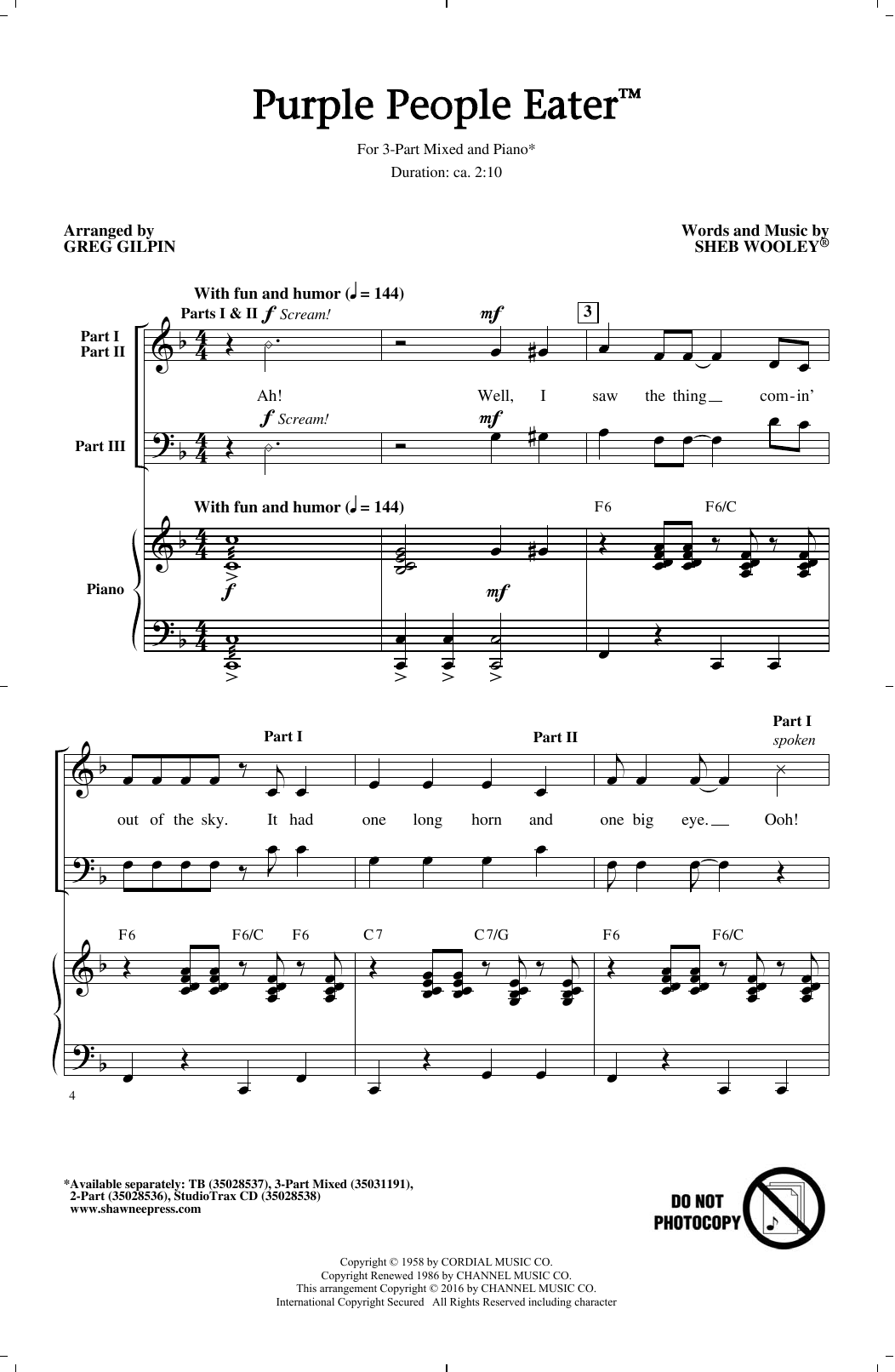 Download Greg Gilpin Purple People Eater Sheet Music and learn how to play 3-Part Mixed PDF digital score in minutes