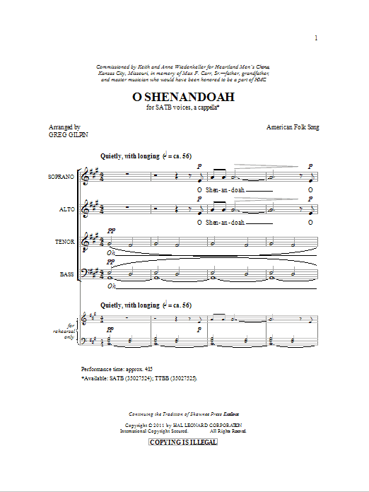 Download Traditional Shenandoah (arr. Greg Gilpin) Sheet Music and learn how to play TTBB PDF digital score in minutes