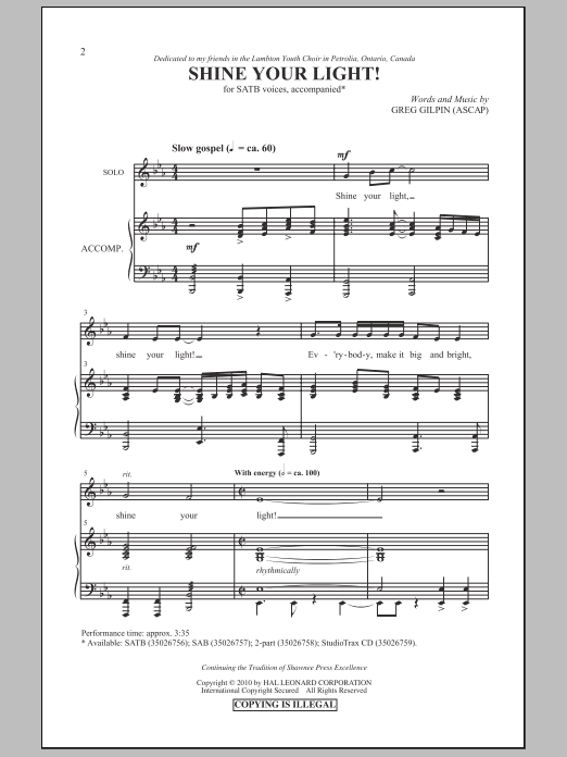 Download Greg Gilpin Shine Your Light! Sheet Music and learn how to play SATB Choir PDF digital score in minutes