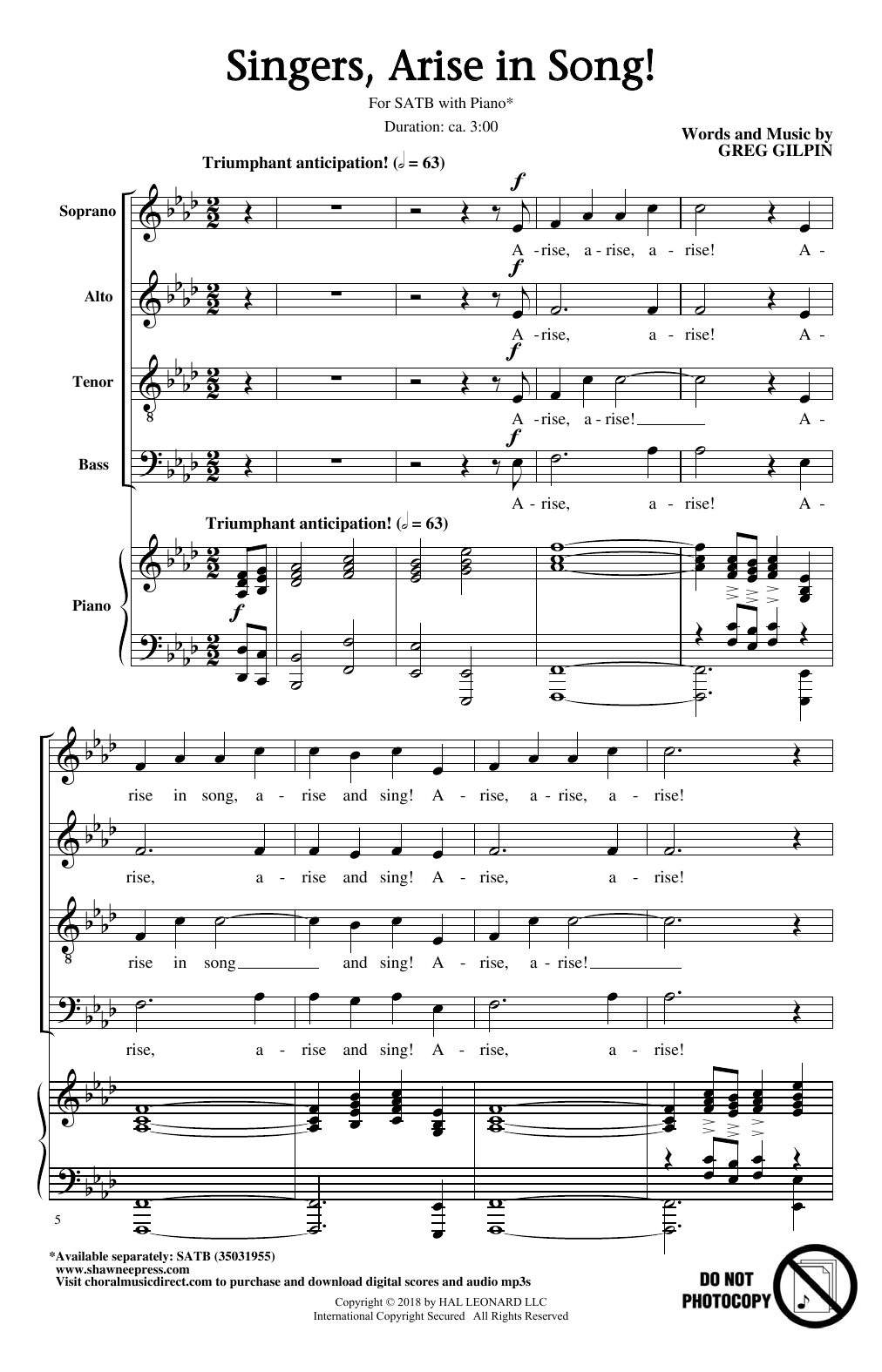 Download Greg Gilpin Singers, Arise In Song! Sheet Music and learn how to play SATB PDF digital score in minutes