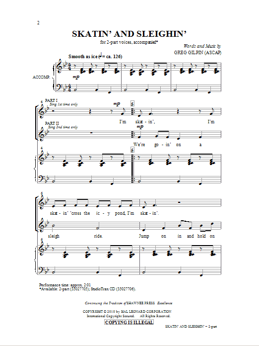 Download Greg Gilpin Skatin' And Sleighin' Sheet Music and learn how to play 2-Part Choir PDF digital score in minutes