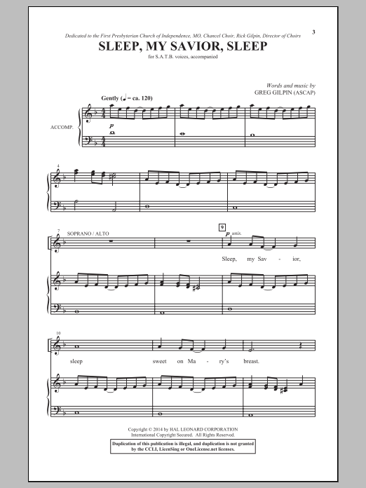 Download Greg Gilpin Sleep, My Savior, Sleep Sheet Music and learn how to play SATB PDF digital score in minutes