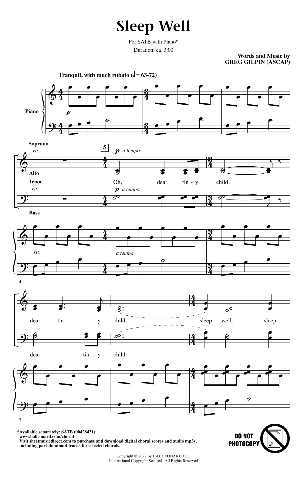 Download Greg Gilpin Sleep Well Sheet Music and learn how to play SATB Choir PDF digital score in minutes
