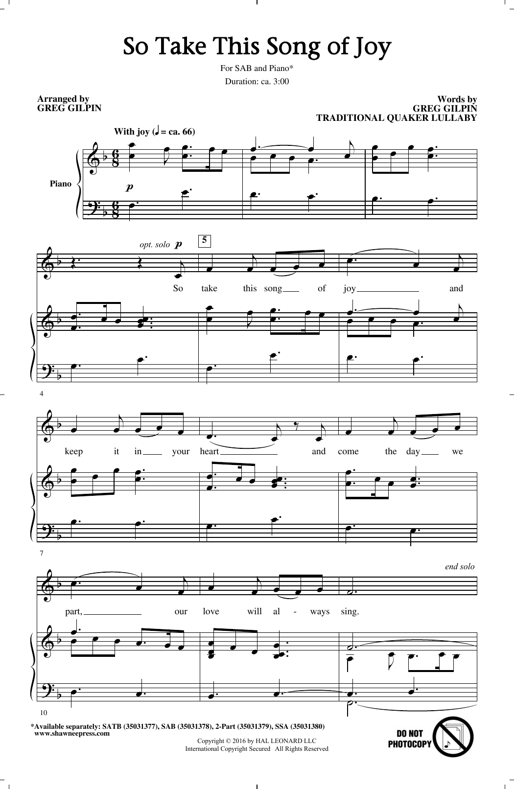 Download Greg Gilpin So Take This Song Of Joy Sheet Music and learn how to play SAB PDF digital score in minutes