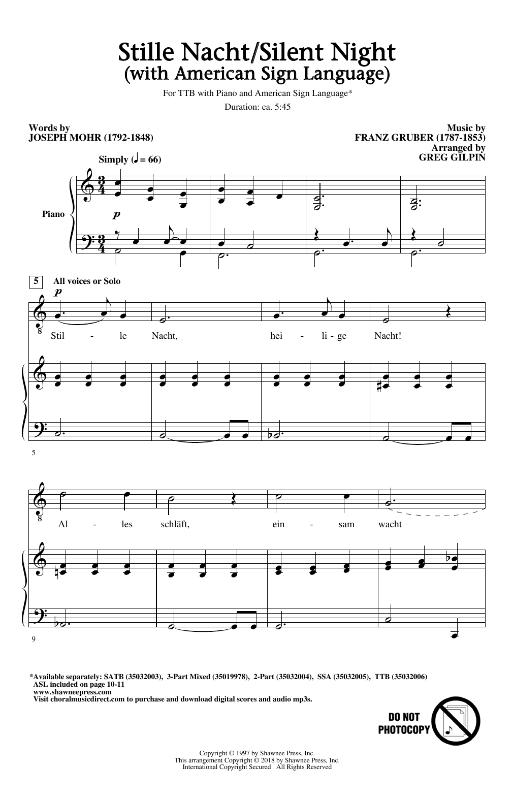 Download Greg Gilpin Stille Nacht/Silent Night (With American Sign Language) Sheet Music and learn how to play SATB PDF digital score in minutes