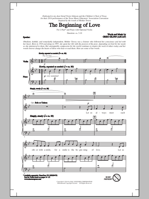 Download Greg Gilpin The Beginning Of Love Sheet Music and learn how to play 2-Part Choir PDF digital score in minutes