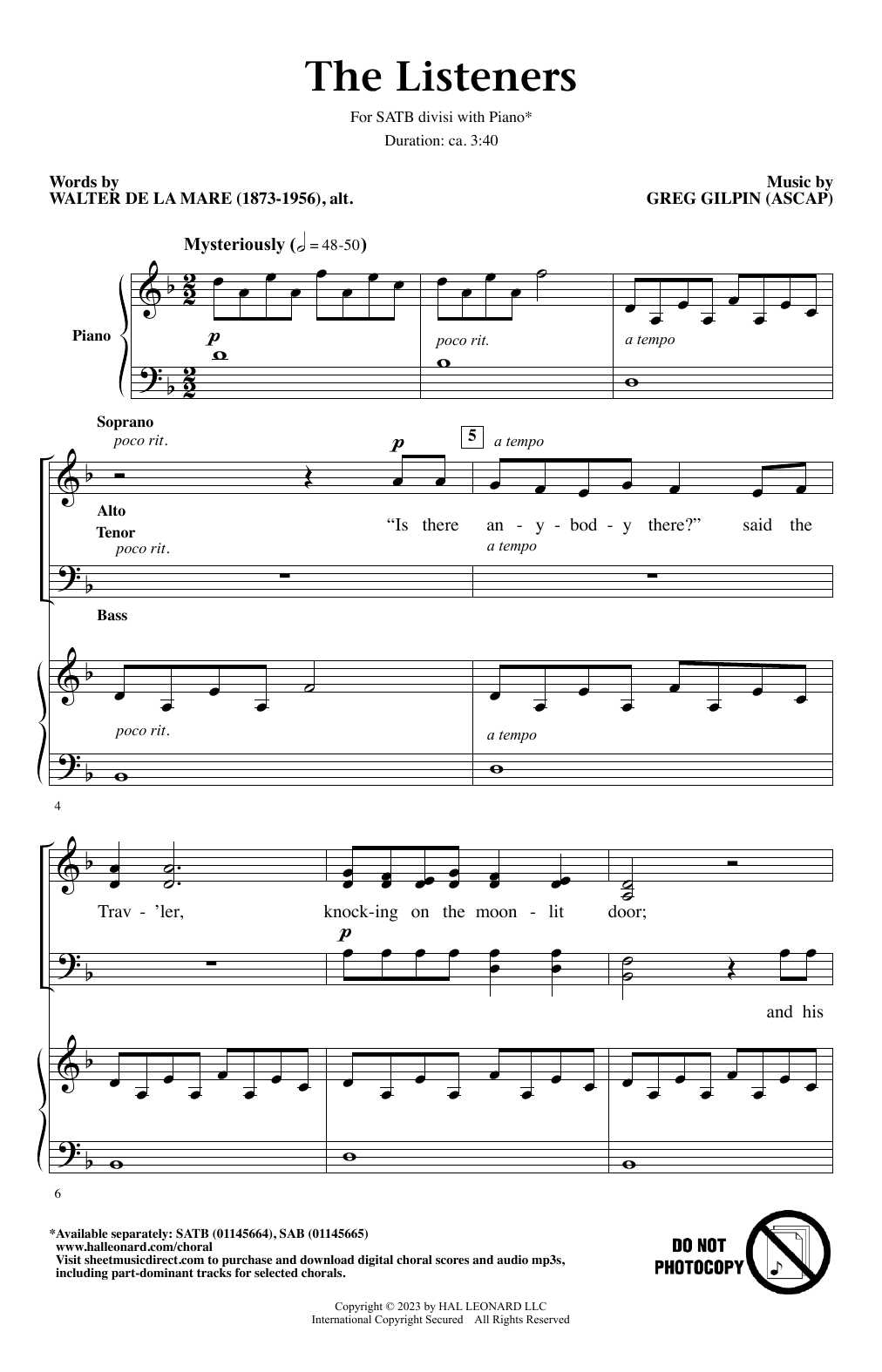 Download Greg Gilpin The Listeners Sheet Music and learn how to play Choir PDF digital score in minutes