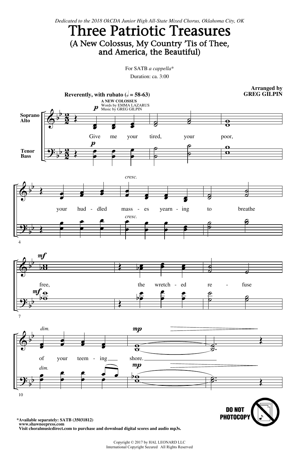 Download Greg Gilpin Three Patriotic Treasures Sheet Music and learn how to play SATB PDF digital score in minutes