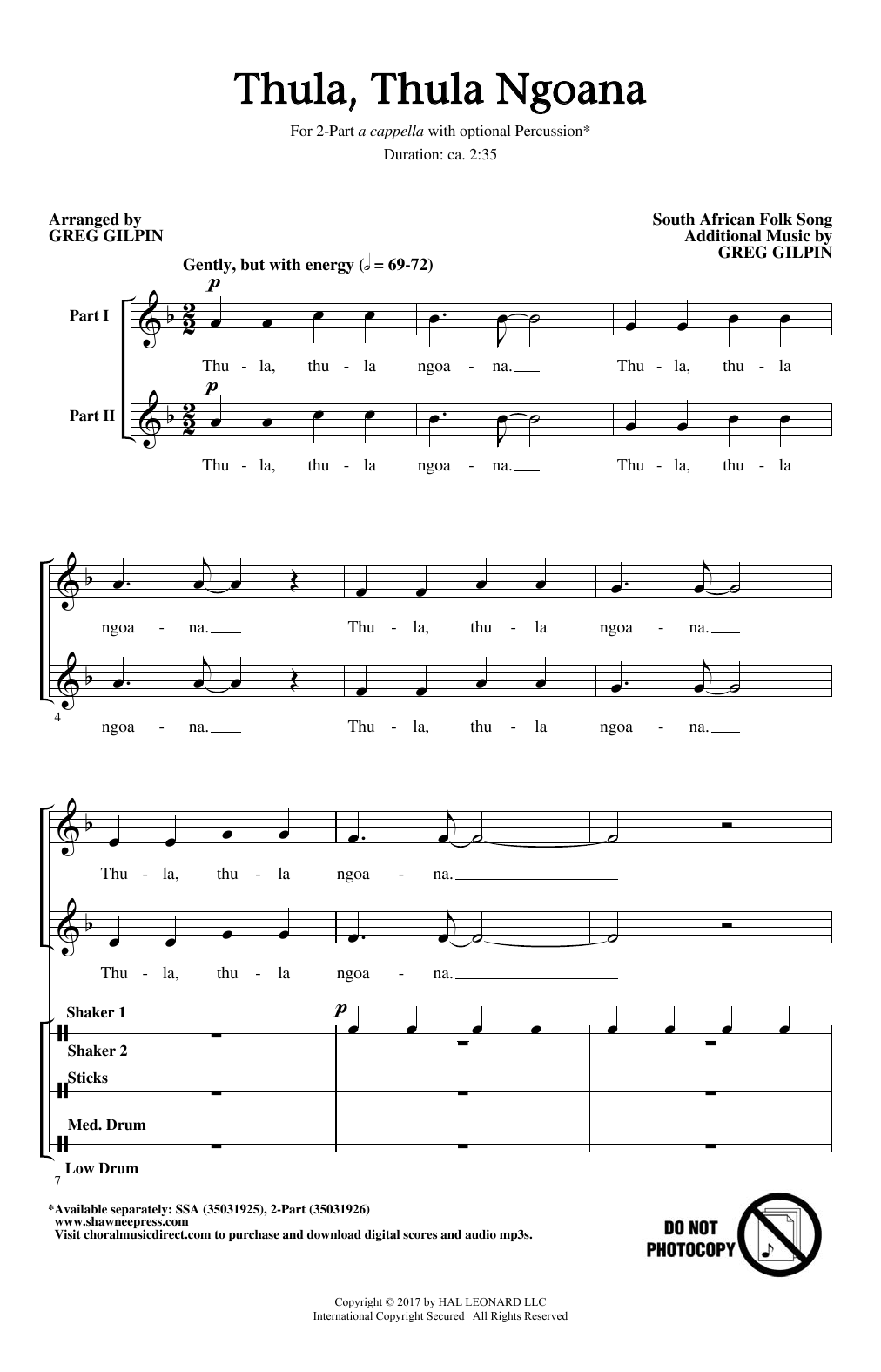 Download Greg Gilpin Thula Thula Ngoana Sheet Music and learn how to play 2-Part Choir PDF digital score in minutes