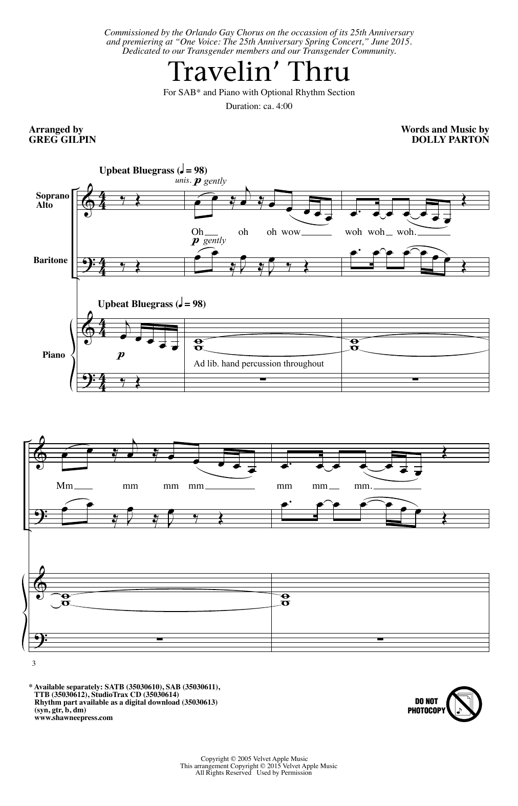 Download Greg Gilpin Travelin' Thru Sheet Music and learn how to play SAB PDF digital score in minutes