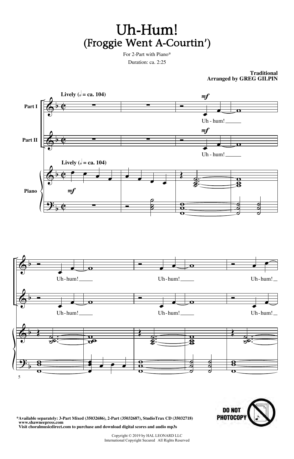 Download Greg Gilpin Uh-Hum! (Froggie Went A-Courtin') Sheet Music and learn how to play 2-Part Choir PDF digital score in minutes