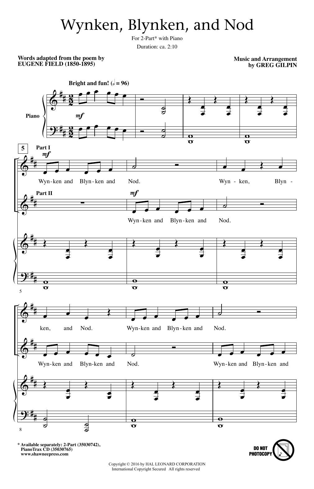 Download Greg Gilpin Wynken, Blynken, And Nod Sheet Music and learn how to play 2-Part Choir PDF digital score in minutes