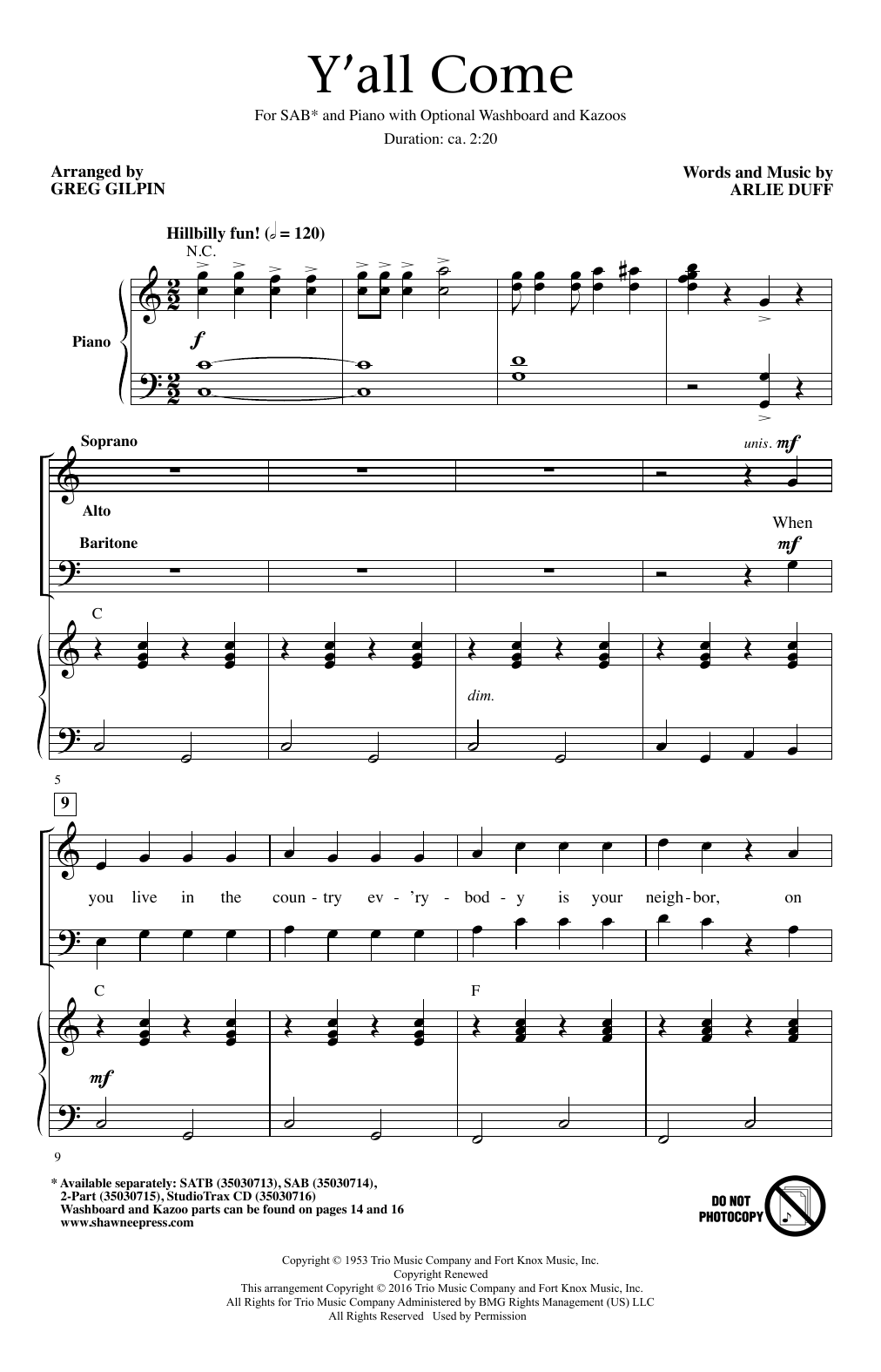 Download Greg Gilpin Y'All Come Sheet Music and learn how to play 2-Part Choir PDF digital score in minutes