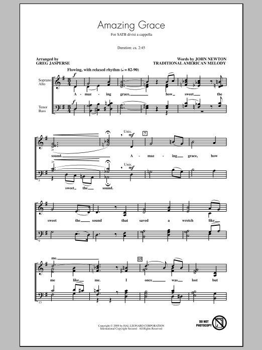 Download Greg Jasperse Amazing Grace Sheet Music and learn how to play SATB Choir PDF digital score in minutes