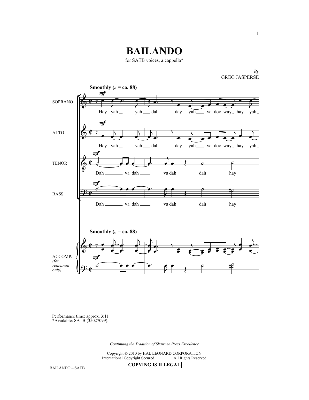 Download Greg Jasperse Bailando Sheet Music and learn how to play SATB PDF digital score in minutes