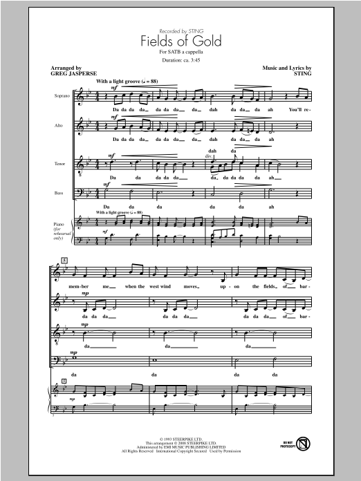 Download Sting Fields Of Gold (arr. Greg Jasperse) Sheet Music and learn how to play SATB PDF digital score in minutes