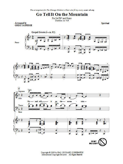 Download African-American Spiritual Go Tell It On The Mountain (arr. Greg Jasperse) Sheet Music and learn how to play SATB PDF digital score in minutes