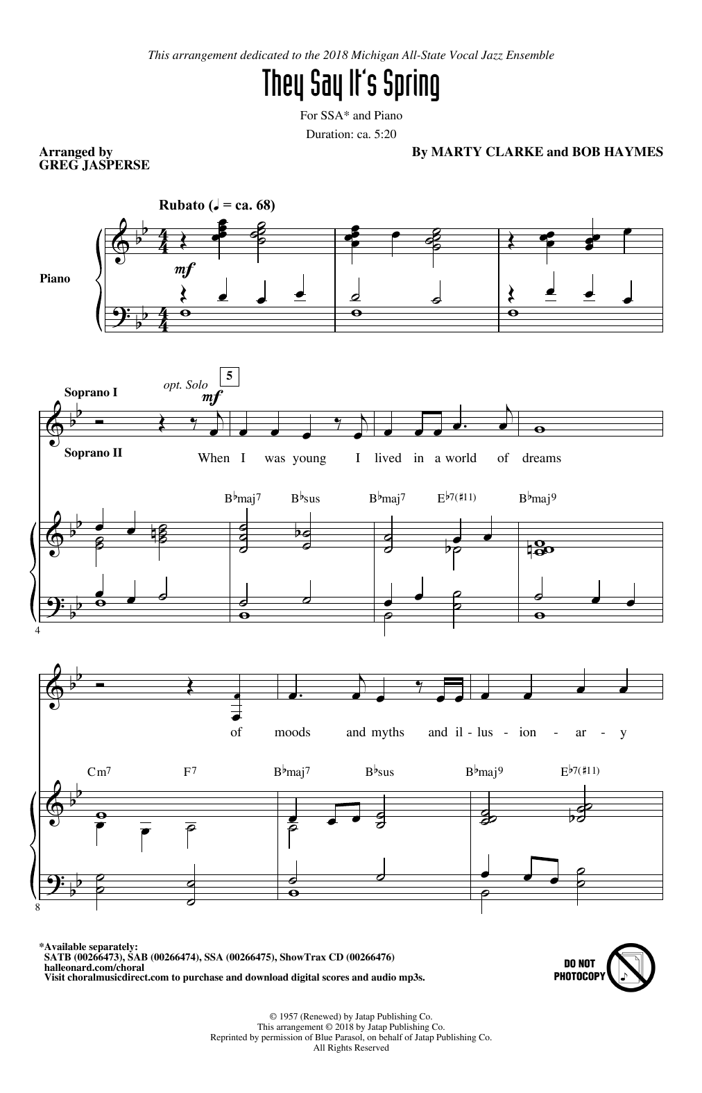 Download Greg Jasperse They Say It's Spring Sheet Music and learn how to play SAB Choir PDF digital score in minutes
