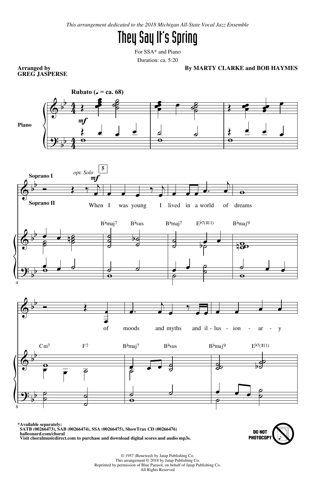 Download Greg Jasperse They Say It's Spring Sheet Music and learn how to play SSA Choir PDF digital score in minutes