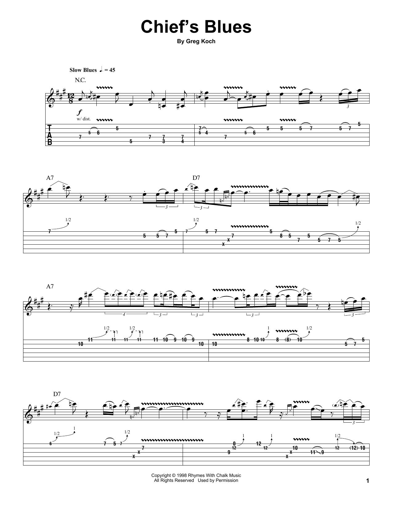 Download Greg Koch Chief's Blues Sheet Music and learn how to play Guitar Tab (Single Guitar) PDF digital score in minutes