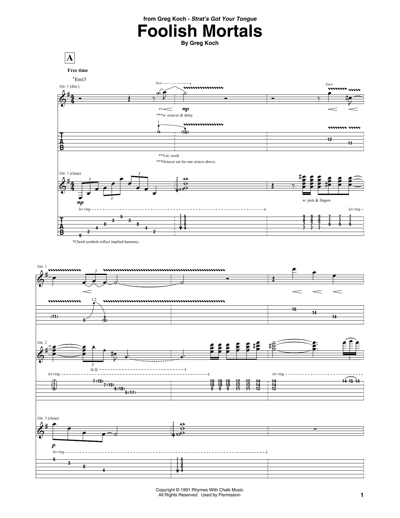 Download Greg Koch Foolish Mortals Sheet Music and learn how to play Guitar Tab PDF digital score in minutes