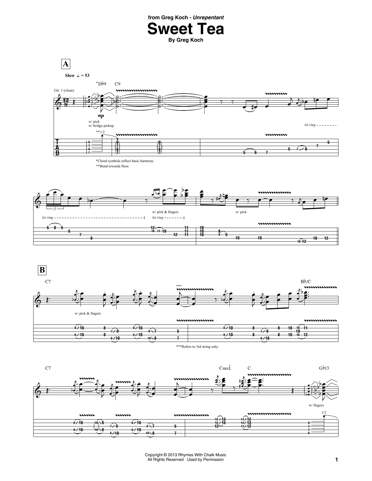 Download Greg Koch Sweet Tea Sheet Music and learn how to play Guitar Tab PDF digital score in minutes