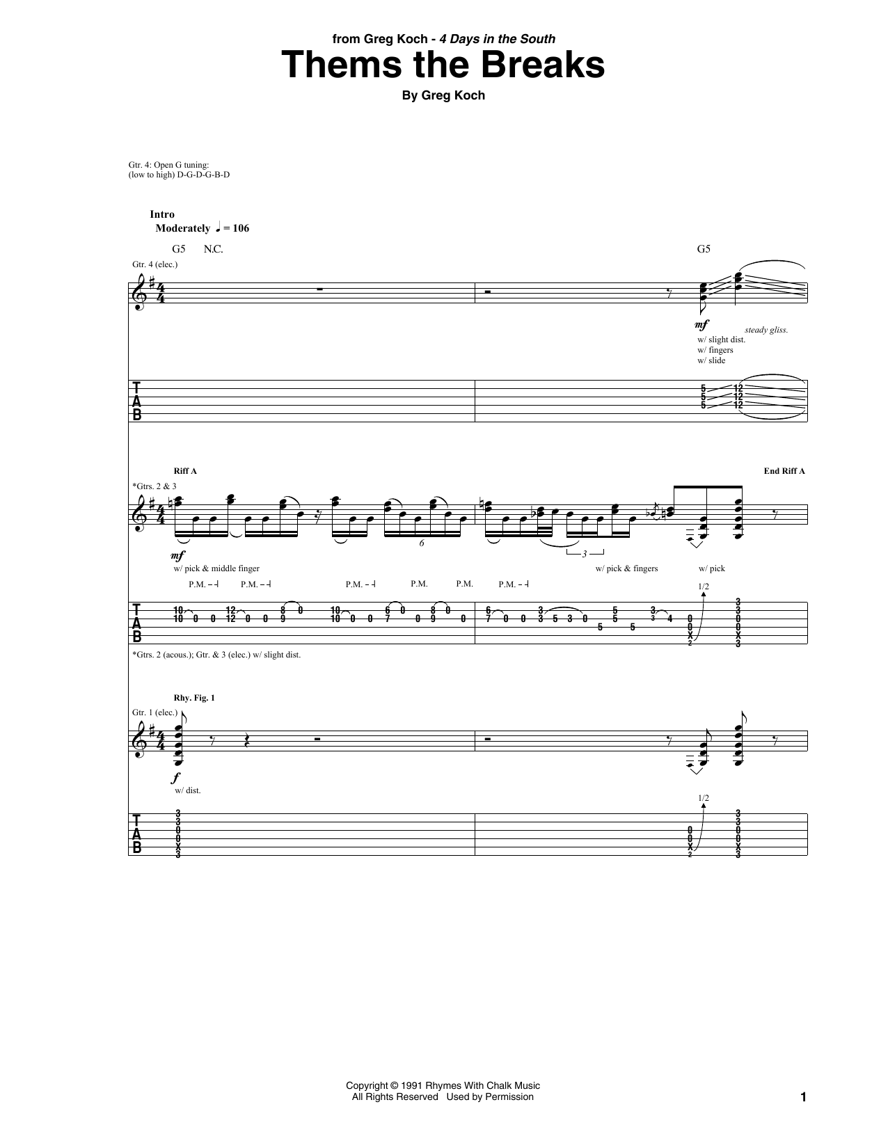 Download Greg Koch Thems The Breaks Sheet Music and learn how to play Guitar Tab PDF digital score in minutes