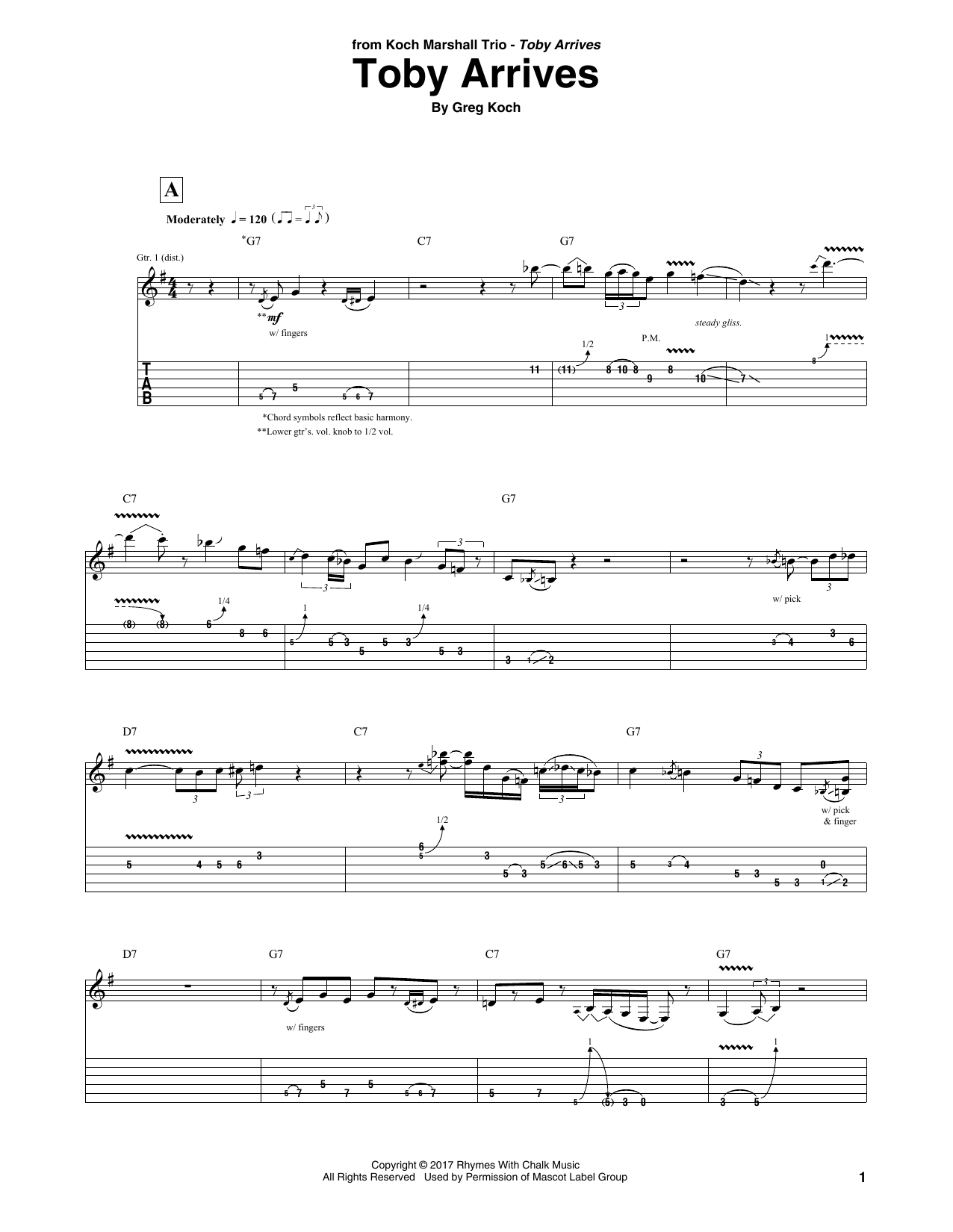 Download Greg Koch Toby Arrives Sheet Music and learn how to play Guitar Tab PDF digital score in minutes