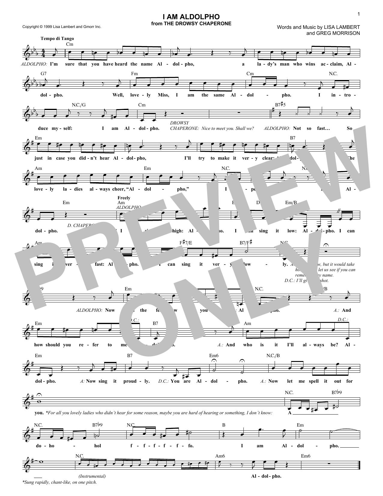 Download Greg Morrison I Am Aldolpho Sheet Music and learn how to play Melody Line, Lyrics & Chords PDF digital score in minutes