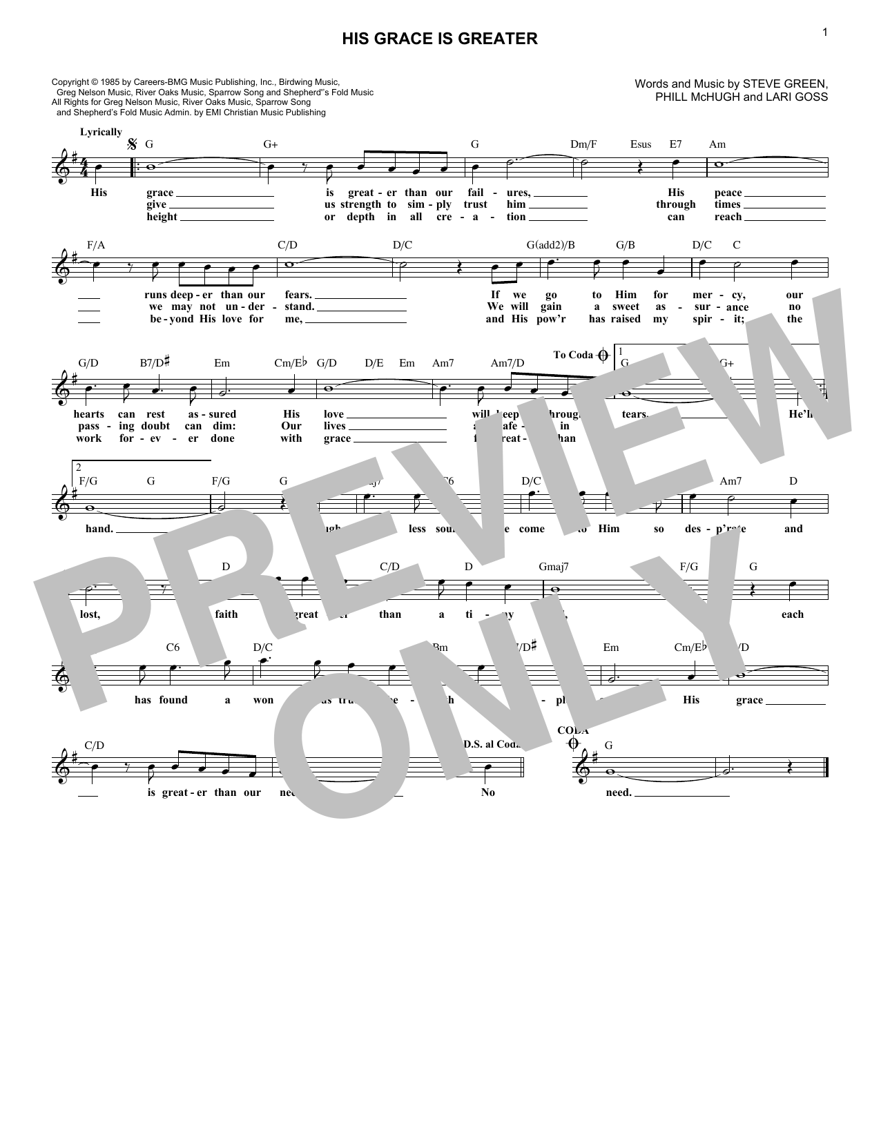 Download Greg Nelson His Grace Is Greater Sheet Music and learn how to play Lead Sheet / Fake Book PDF digital score in minutes