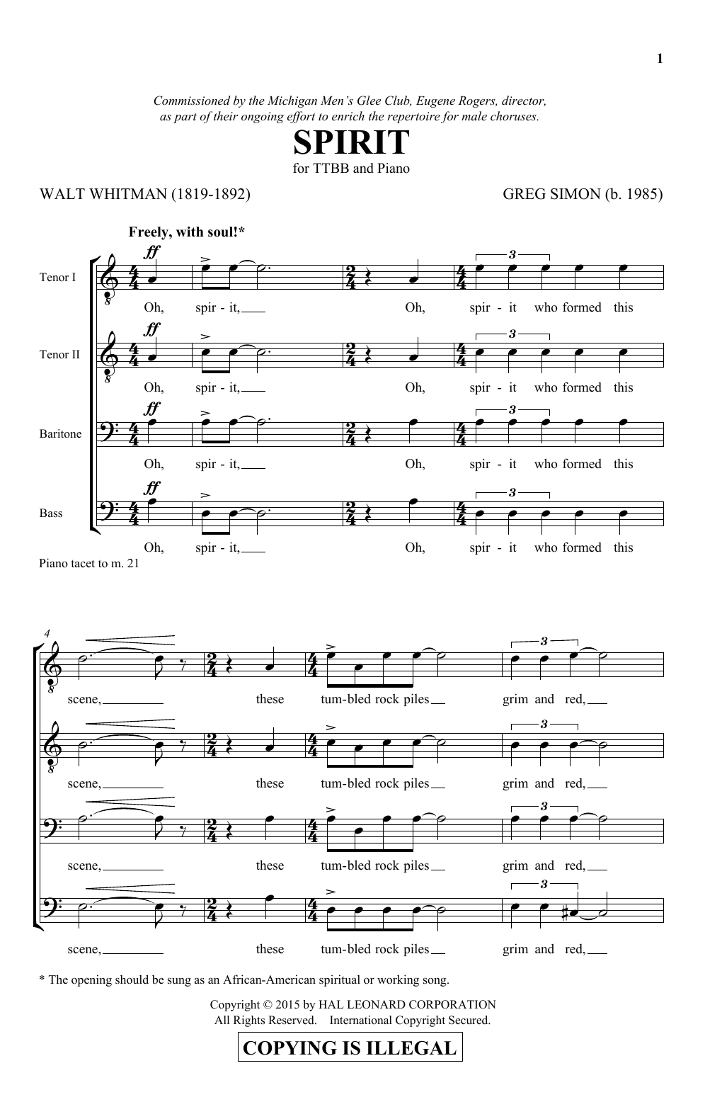 Download Greg Simon Spirit Sheet Music and learn how to play TTBB PDF digital score in minutes