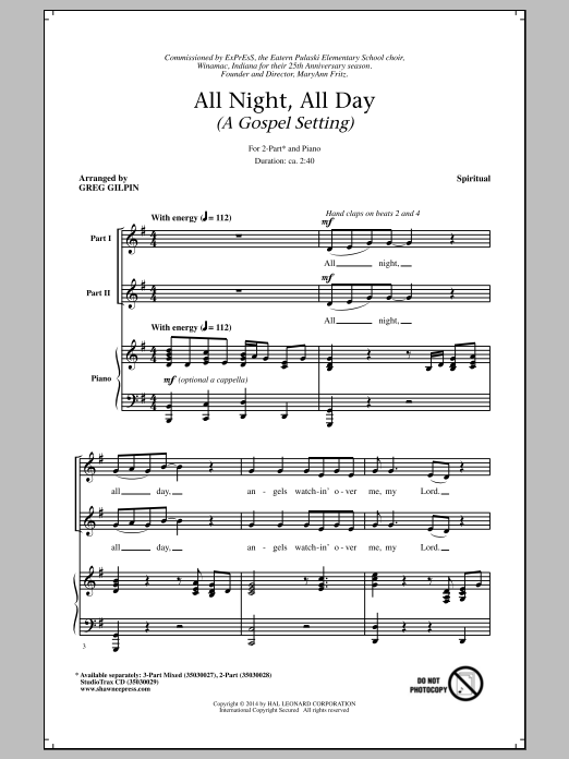 Greg Gilpin All Night All Day Sheet Music Notes Chords 2 Part Choir Download Religious 156849 Pdf