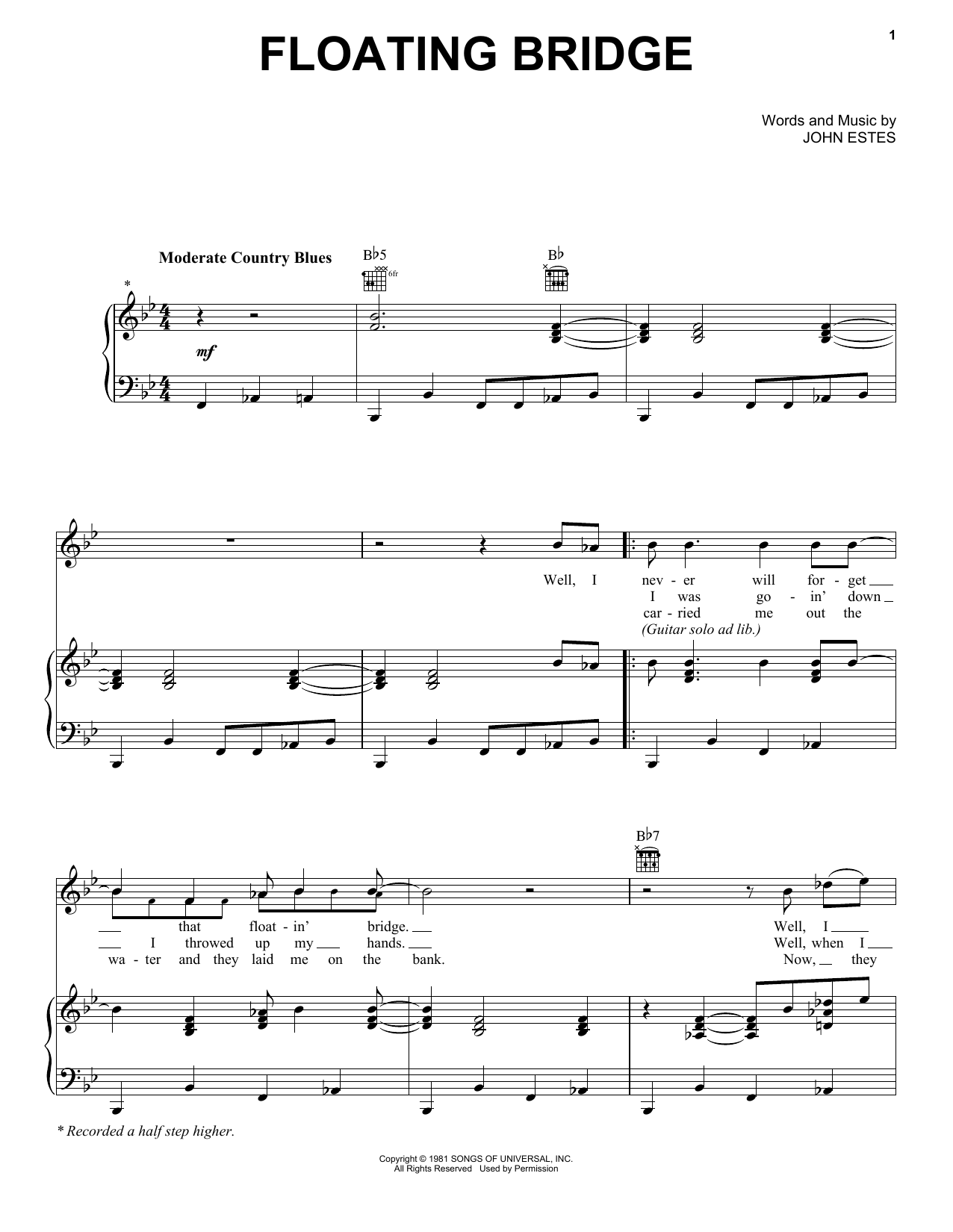 Download Gregg Allman Floating Bridge Sheet Music and learn how to play Piano, Vocal & Guitar Chords (Right-Hand Melody) PDF digital score in minutes