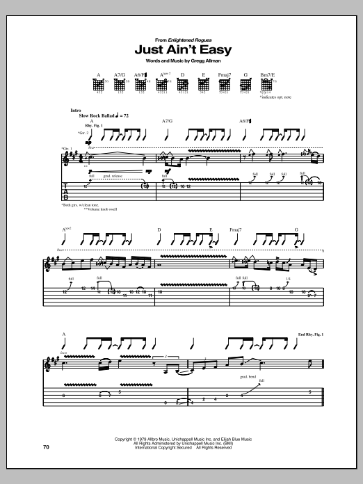 Download Gregg Allman Just Ain't Easy Sheet Music and learn how to play Guitar Tab PDF digital score in minutes