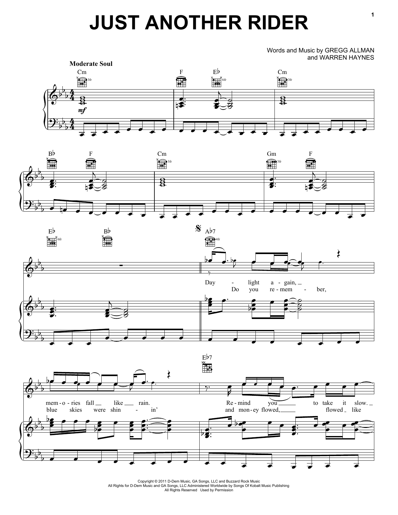Download Gregg Allman Just Another Rider Sheet Music and learn how to play Piano, Vocal & Guitar Chords (Right-Hand Melody) PDF digital score in minutes