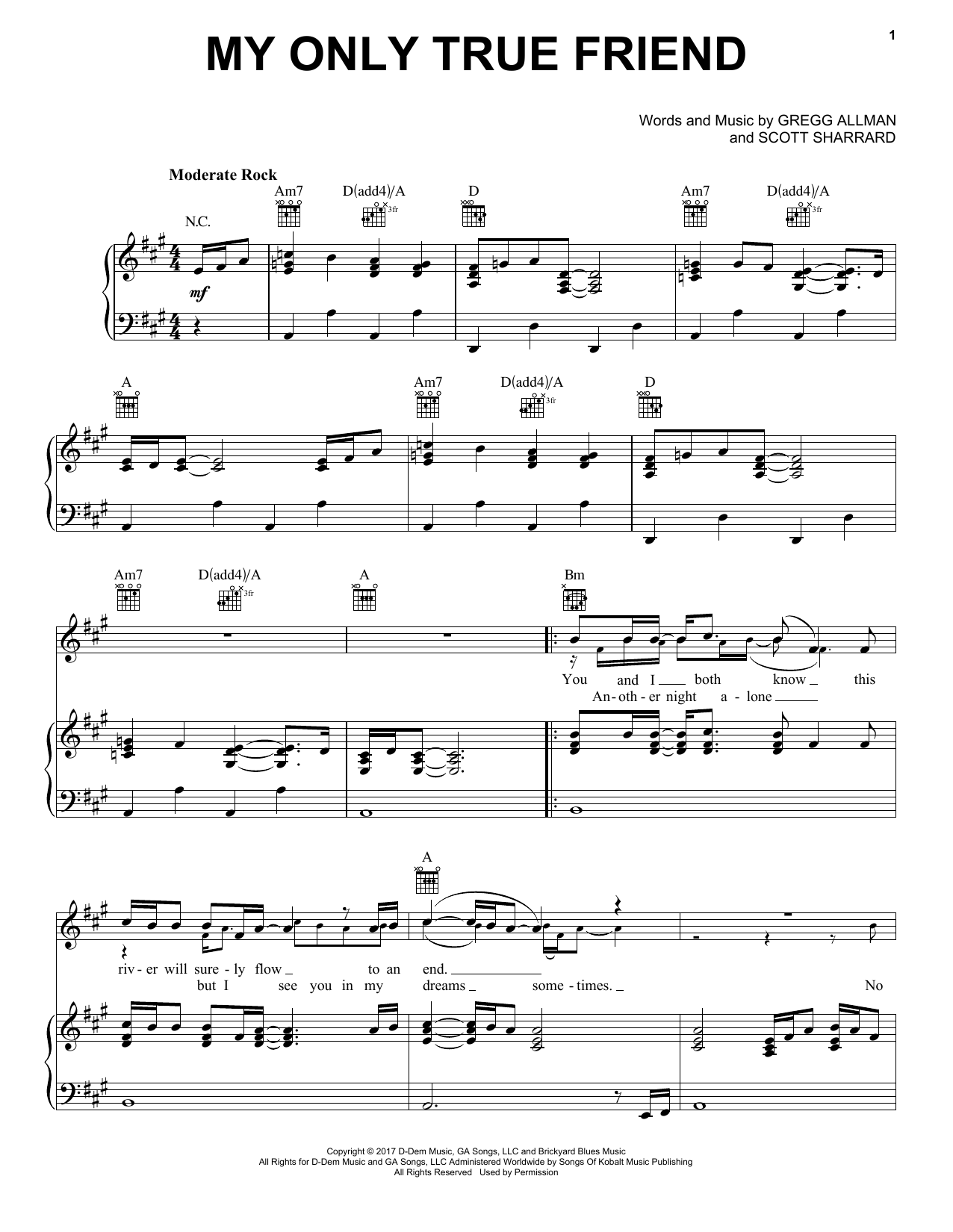 Download Gregg Allman My Only True Friend Sheet Music and learn how to play Piano, Vocal & Guitar Chords (Right-Hand Melody) PDF digital score in minutes