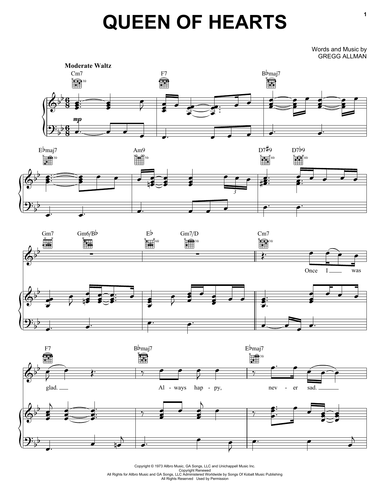 Download Gregg Allman Queen Of Hearts Sheet Music and learn how to play Piano, Vocal & Guitar Chords (Right-Hand Melody) PDF digital score in minutes